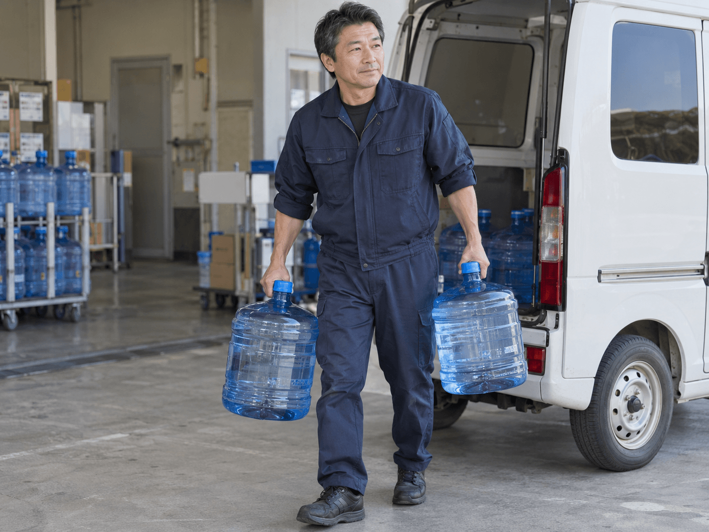 宅配水のボトルを運ぶ配送作業のイメージ（AI生成）