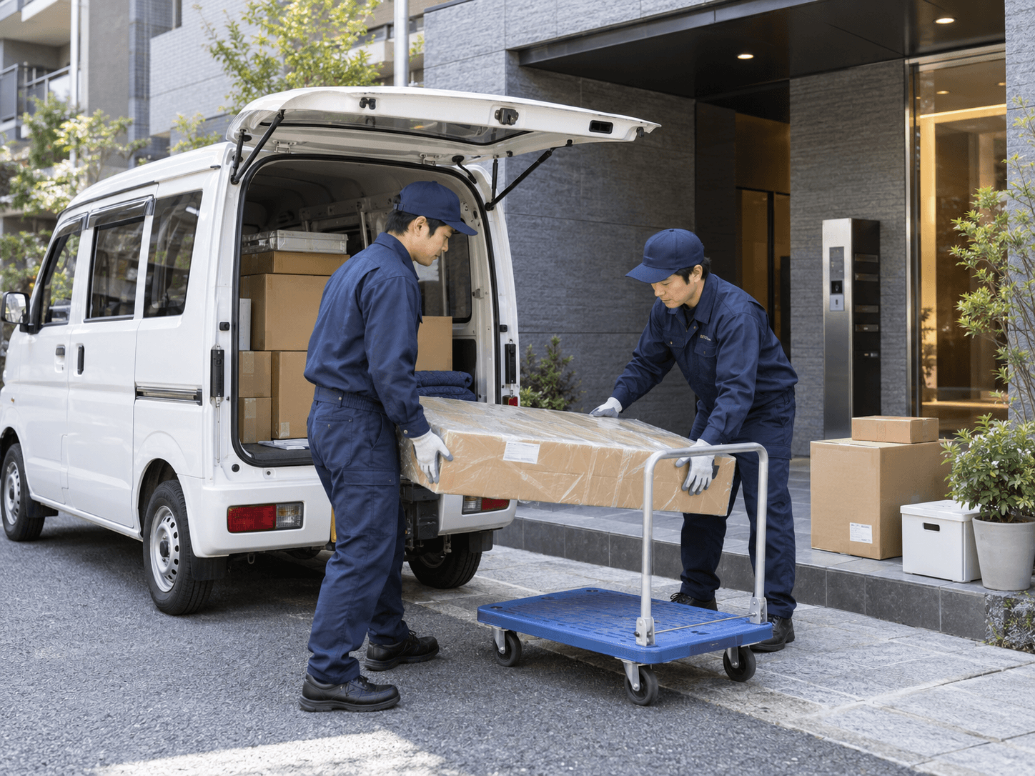家具の梱包を丁寧に運ぶ配送スタッフ